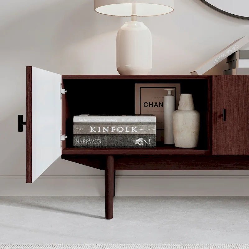 Brown TV Stand Fits for TV's up to 65 in. with Slatted Design and Wood Legs