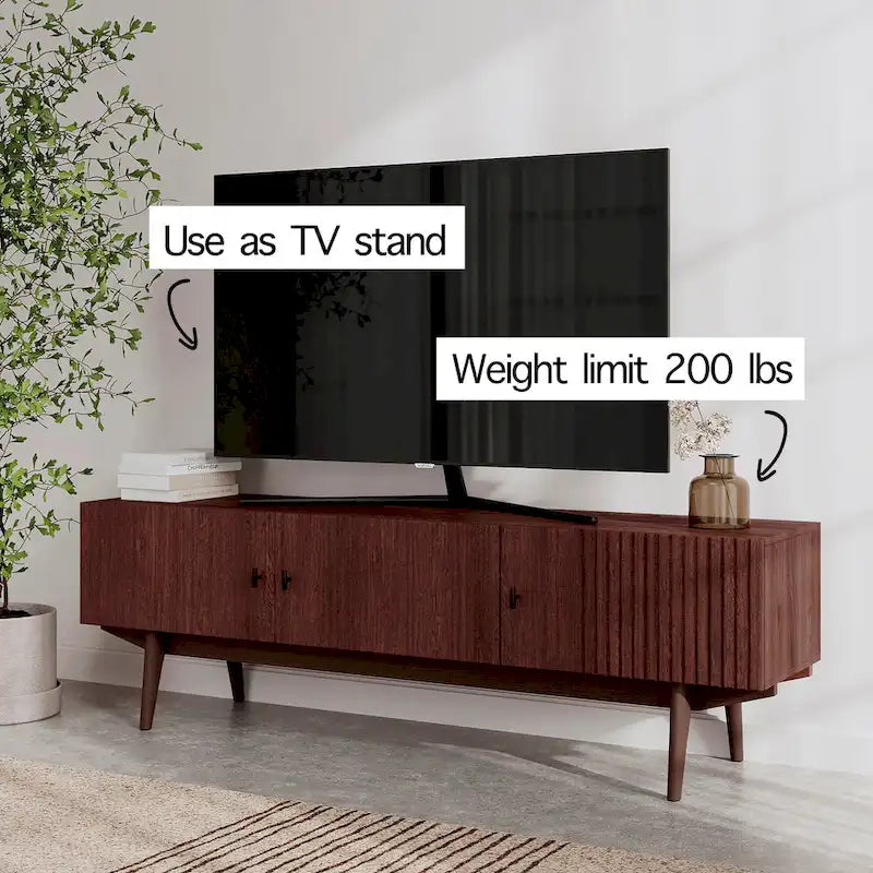 Brown TV Stand Fits for TV's up to 65 in. with Slatted Design and Wood Legs