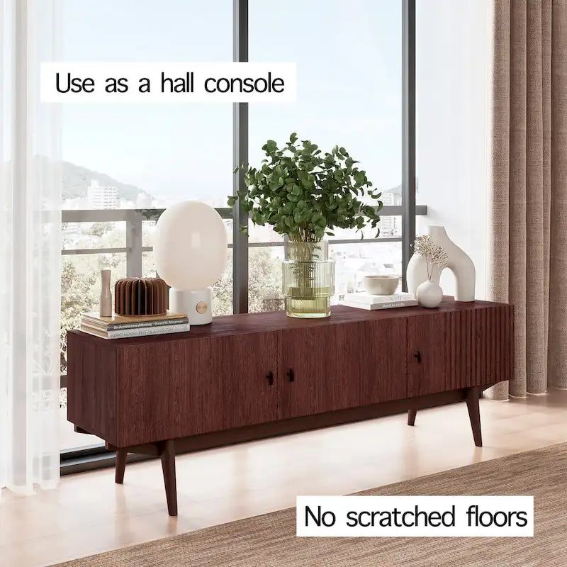 Brown TV Stand Fits for TV's up to 65 in. with Slatted Design and Wood Legs