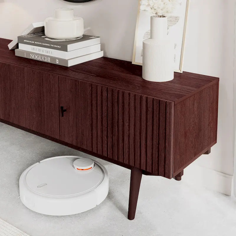 Brown TV Stand Fits for TV's up to 65 in. with Slatted Design and Wood Legs