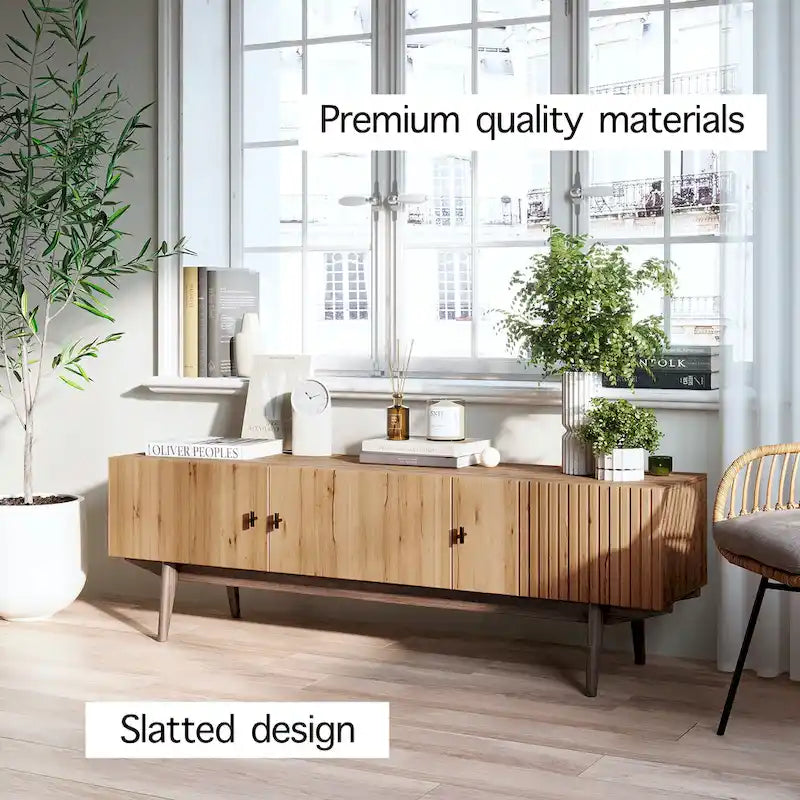 Brown TV Stand Fits for TV's up to 65 in. with Slatted Design and Wood Legs