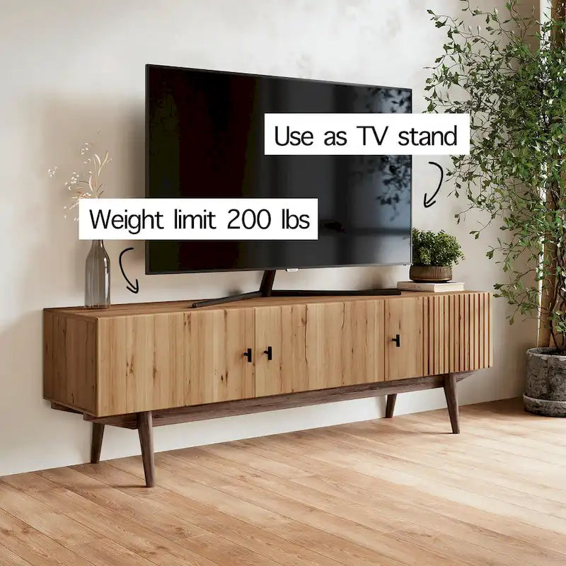 Brown TV Stand Fits for TV's up to 65 in. with Slatted Design and Wood Legs