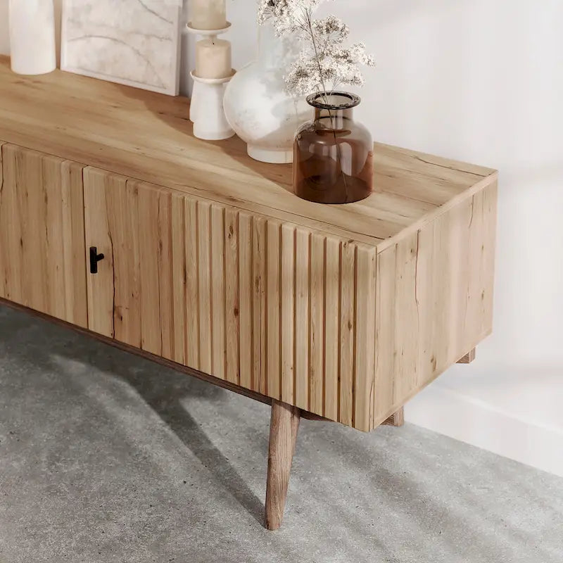 Brown TV Stand Fits for TV's up to 65 in. with Slatted Design and Wood Legs