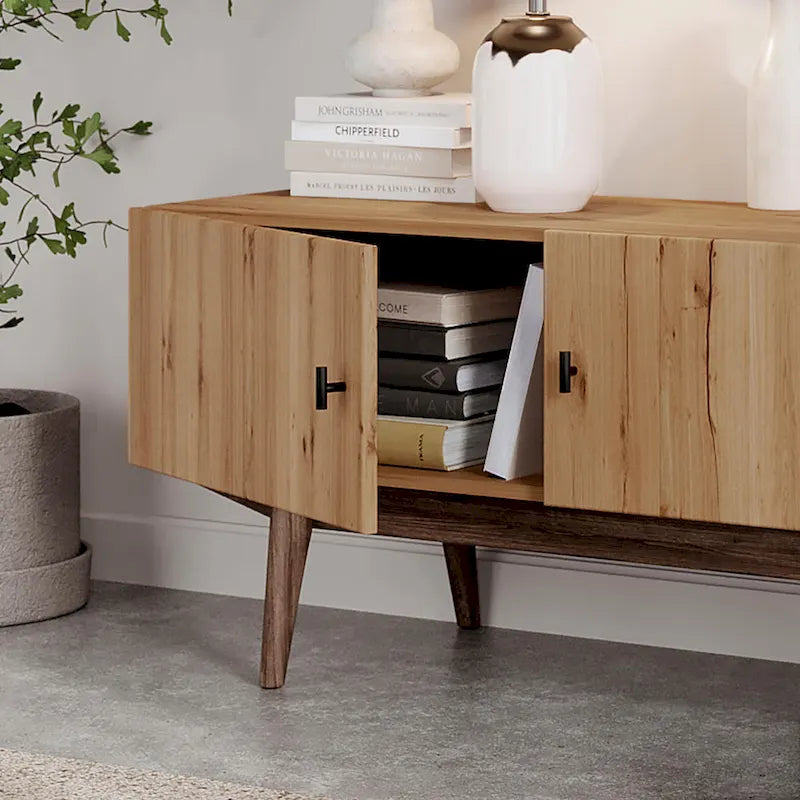 Brown TV Stand Fits for TV's up to 65 in. with Slatted Design and Wood Legs