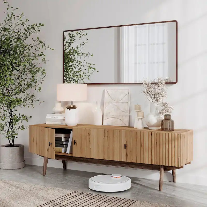 Brown TV Stand Fits for TV's up to 65 in. with Slatted Design and Wood Legs