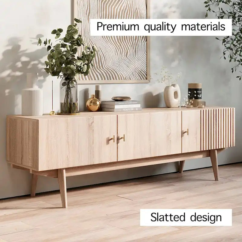 Brown TV Stand Fits for TV's up to 65 in. with Slatted Design and Wood Legs
