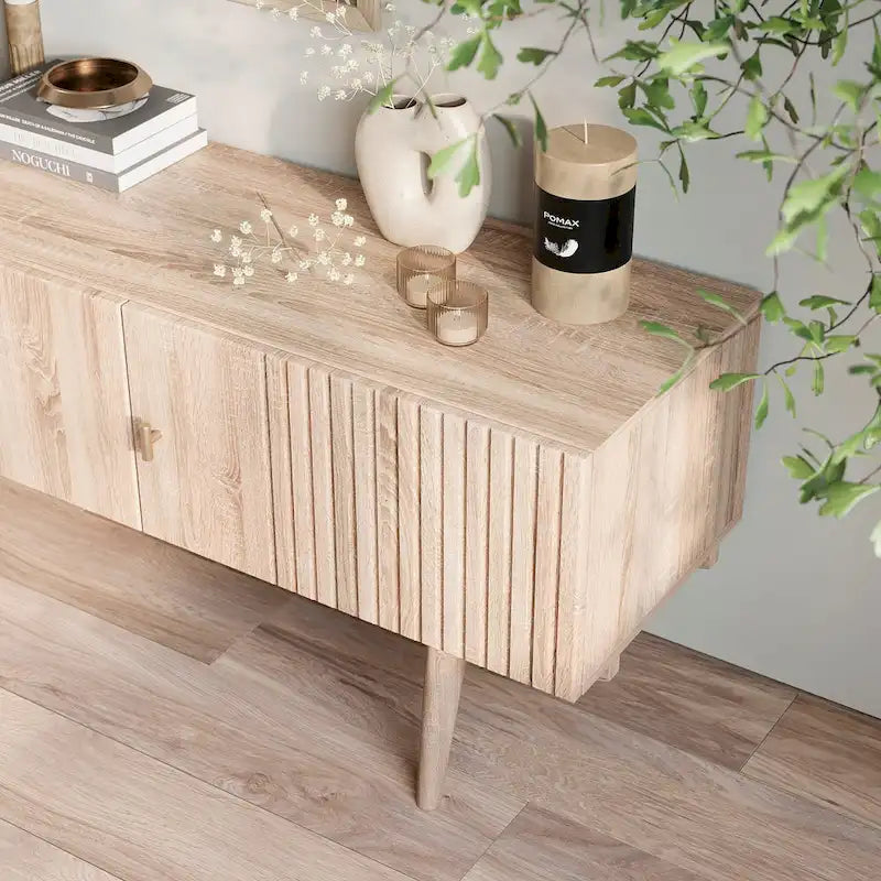Brown TV Stand Fits for TV's up to 65 in. with Slatted Design and Wood Legs