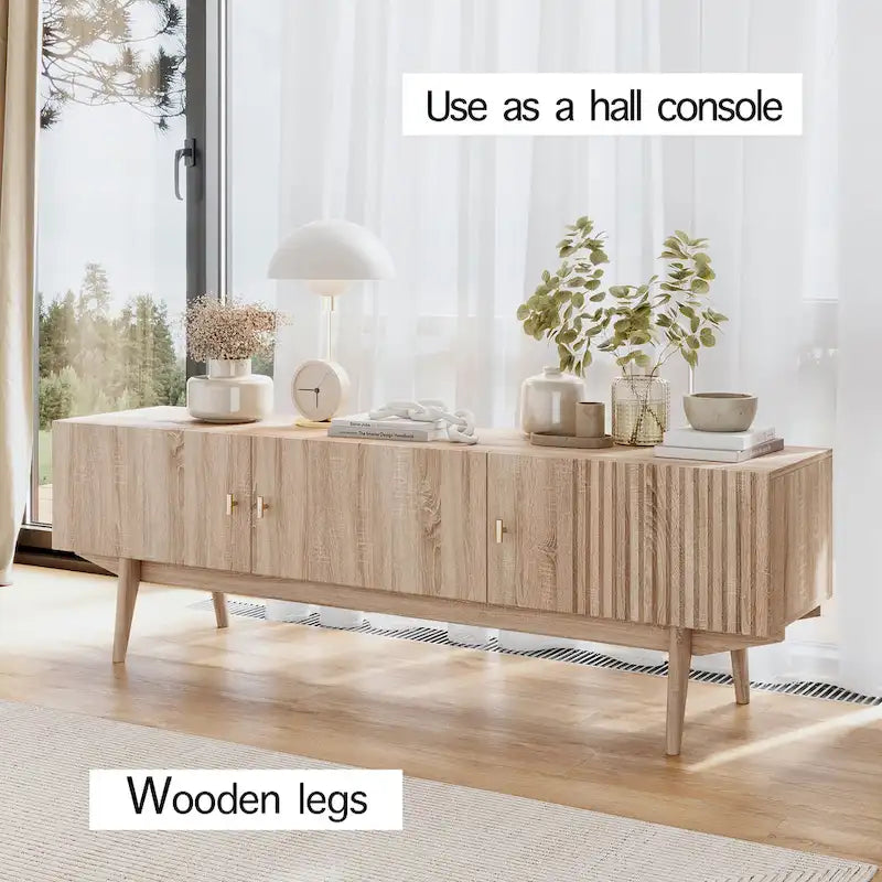 Brown TV Stand Fits for TV's up to 65 in. with Slatted Design and Wood Legs
