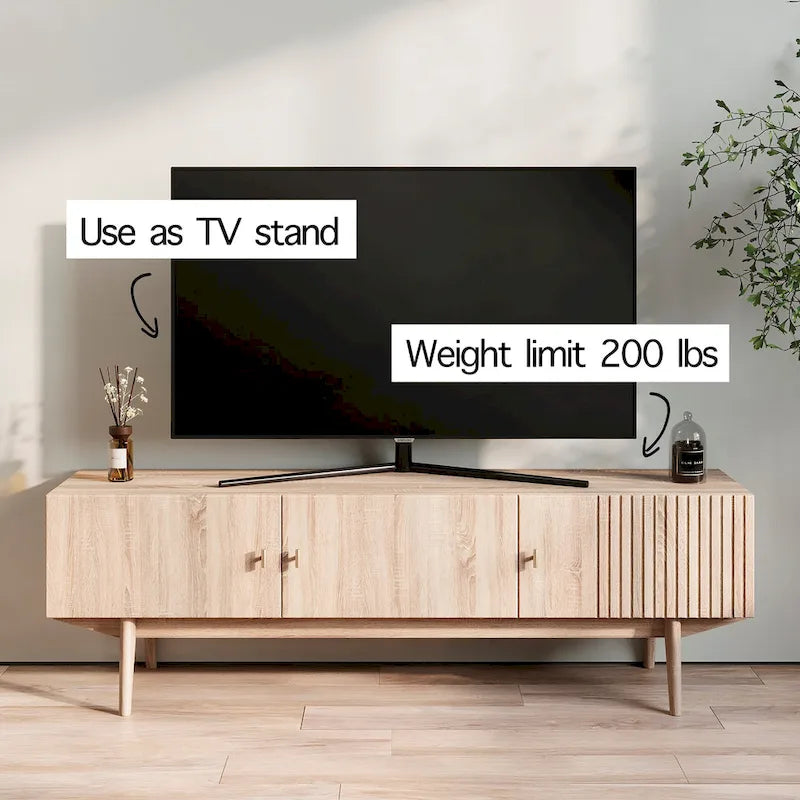 Brown TV Stand Fits for TV's up to 65 in. with Slatted Design and Wood Legs