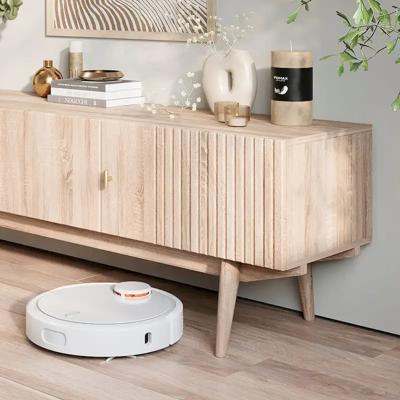 Brown TV Stand Fits for TV's up to 65 in. with Slatted Design and Wood Legs