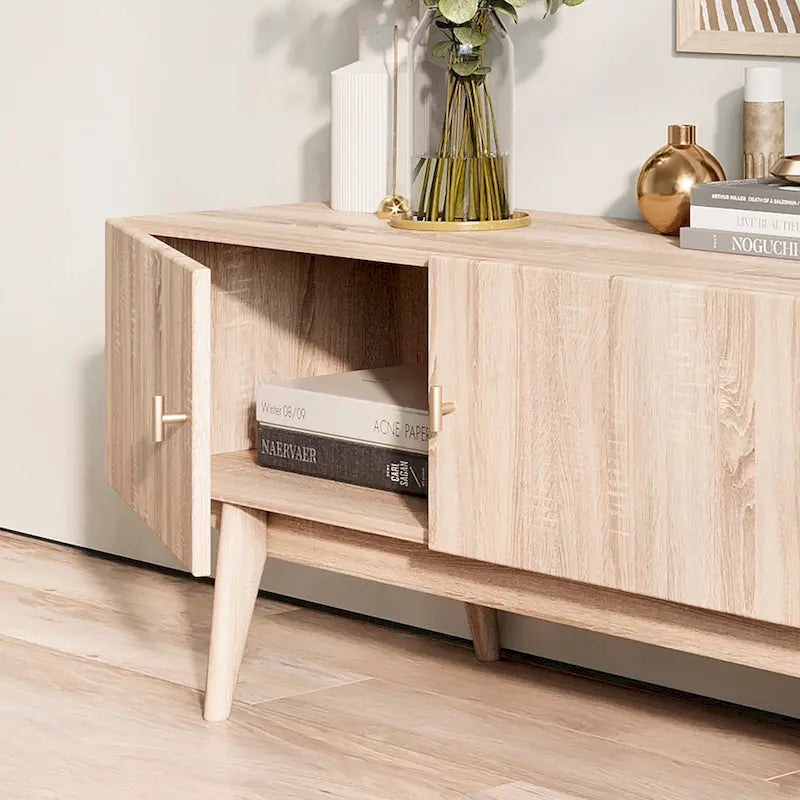 Brown TV Stand Fits for TV's up to 65 in. with Slatted Design and Wood Legs