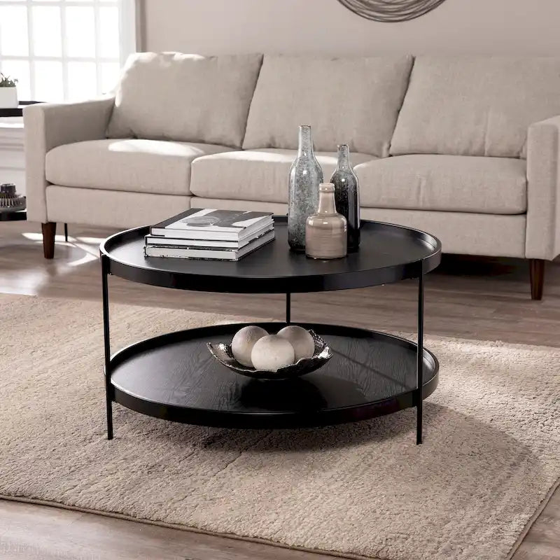 Furniture Mid Century Modern Round Wood Grain Two Tier Coffee Table