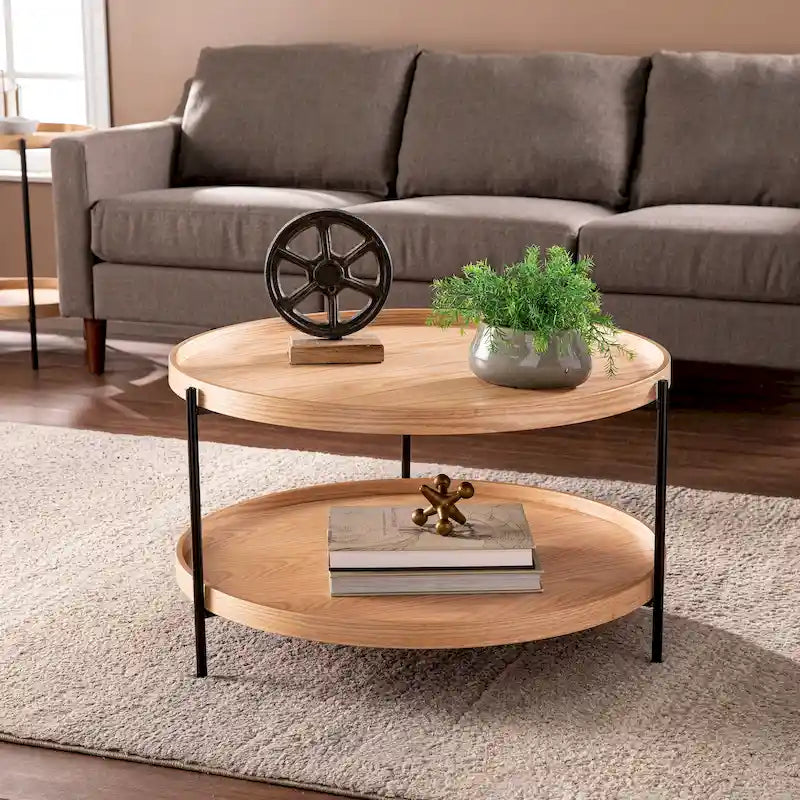 Furniture Mid Century Modern Round Wood Grain Two Tier Coffee Table