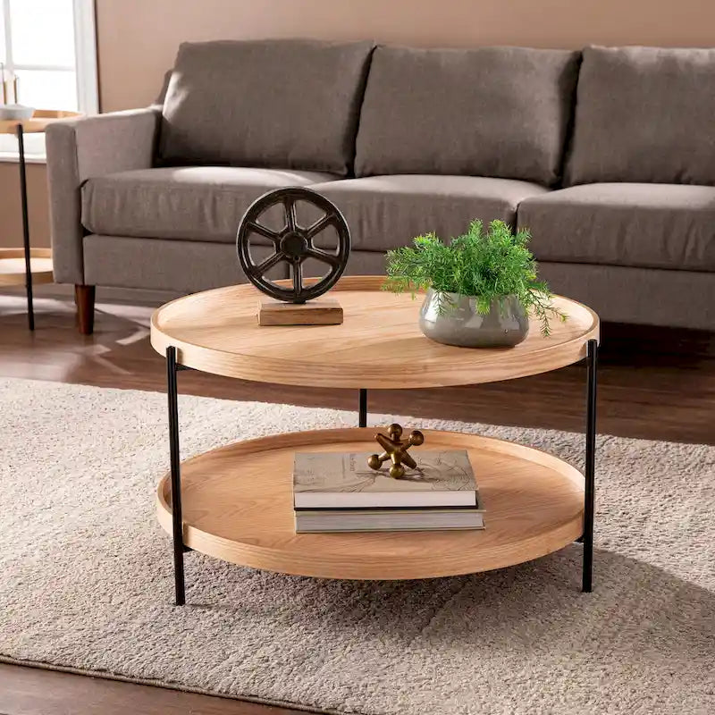 Furniture Mid Century Modern Round Wood Grain Two Tier Coffee Table