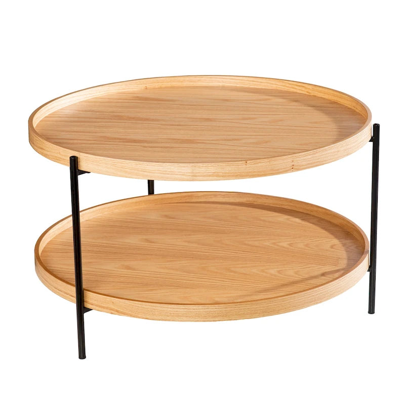 Furniture Mid Century Modern Round Wood Grain Two Tier Coffee Table