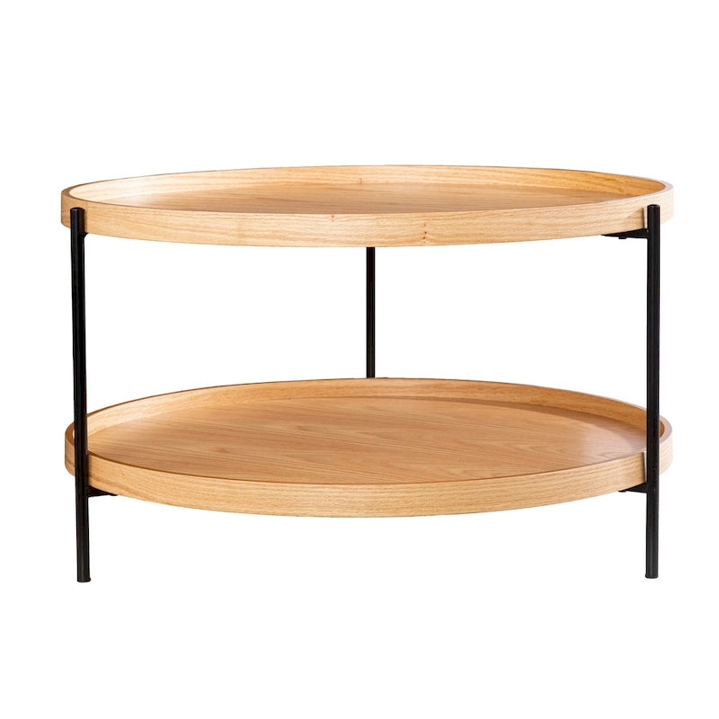 Furniture Mid Century Modern Round Wood Grain Two Tier Coffee Table