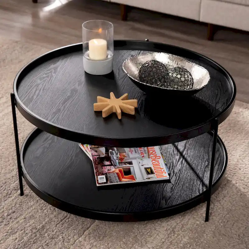 Furniture Mid Century Modern Round Wood Grain Two Tier Coffee Table