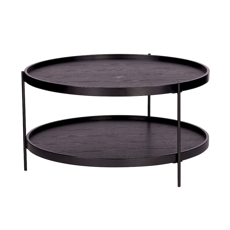 Furniture Mid Century Modern Round Wood Grain Two Tier Coffee Table