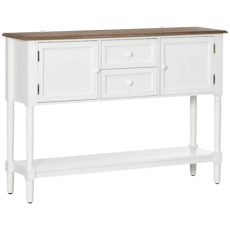 Console Table with Drawers, Vintage Entryway Table with 2 Drawers, Cabinets and Bottom Shelf, White