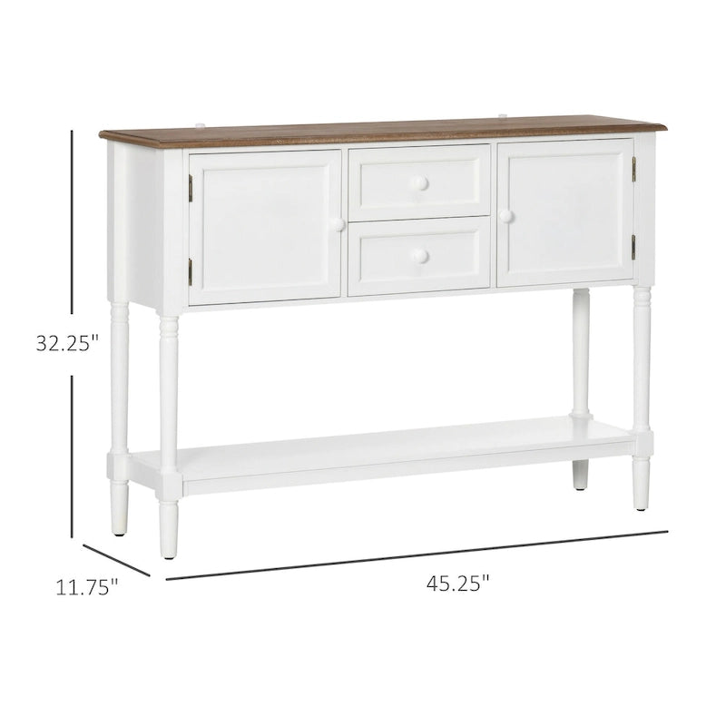 Console Table with Drawers, Vintage Entryway Table with 2 Drawers, Cabinets and Bottom Shelf, White