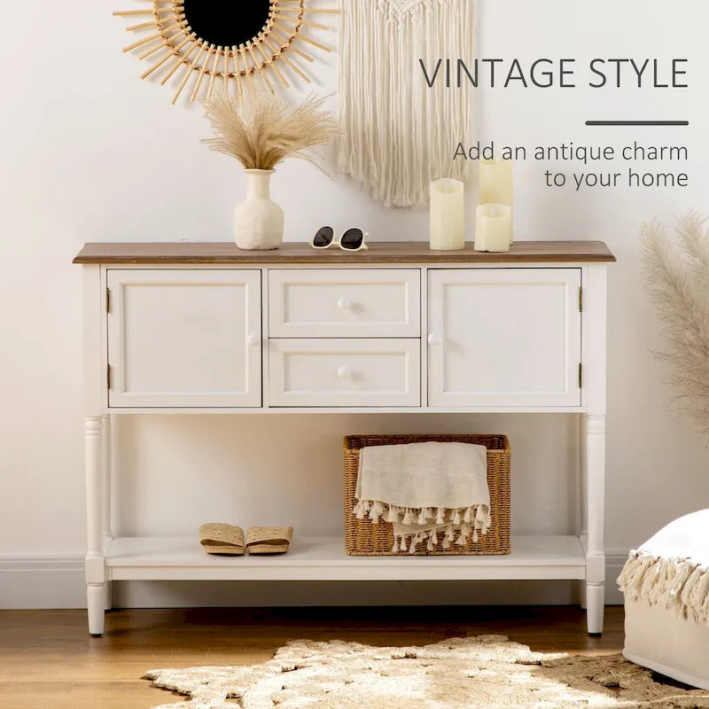 Console Table with Drawers, Vintage Entryway Table with 2 Drawers, Cabinets and Bottom Shelf, White
