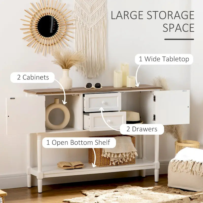 Console Table with Drawers, Vintage Entryway Table with 2 Drawers, Cabinets and Bottom Shelf, White
