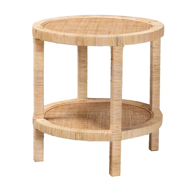 Modern Bohemian Natural Brown Mahogany Wood and Natural Rattan 2-Tier End Table