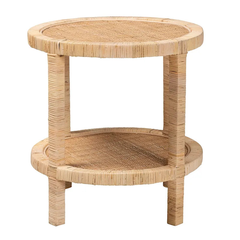 Modern Bohemian Natural Brown Mahogany Wood and Natural Rattan 2-Tier End Table