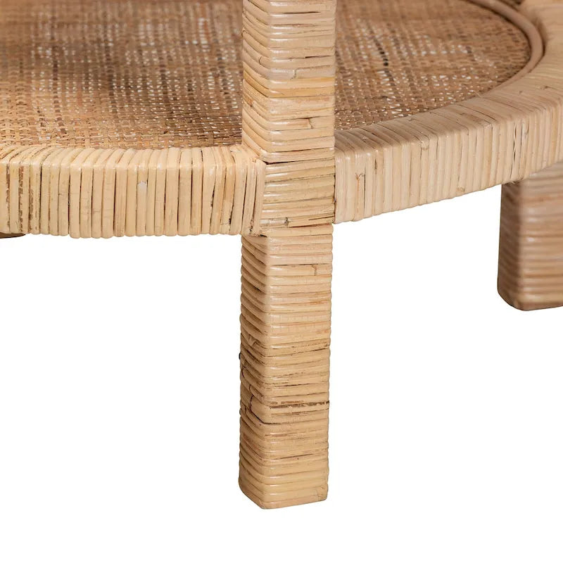 Modern Bohemian Natural Brown Mahogany Wood and Natural Rattan 2-Tier End Table
