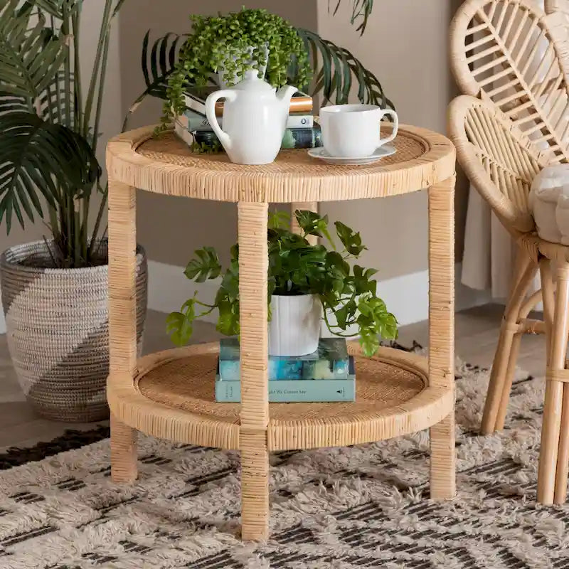 Modern Bohemian Natural Brown Mahogany Wood and Natural Rattan 2-Tier End Table