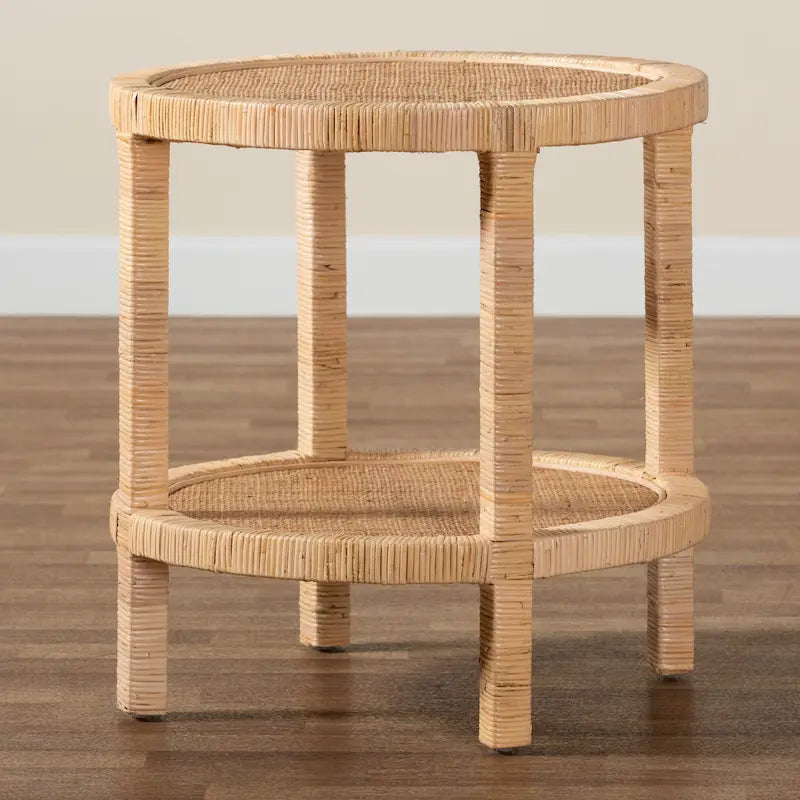 Modern Bohemian Natural Brown Mahogany Wood and Natural Rattan 2-Tier End Table