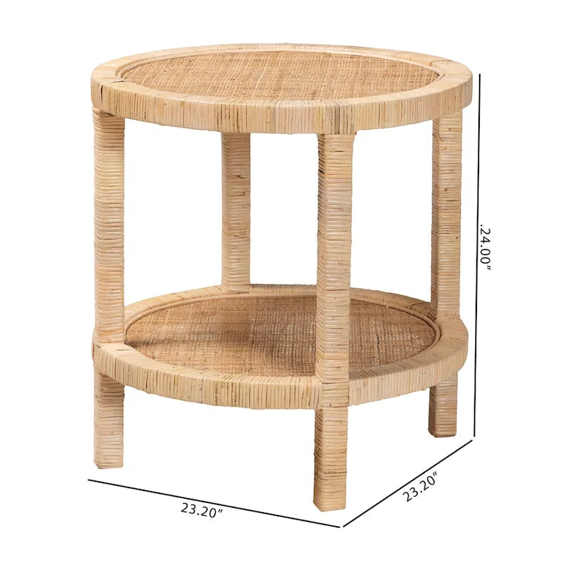 Modern Bohemian Natural Brown Mahogany Wood and Natural Rattan 2-Tier End Table