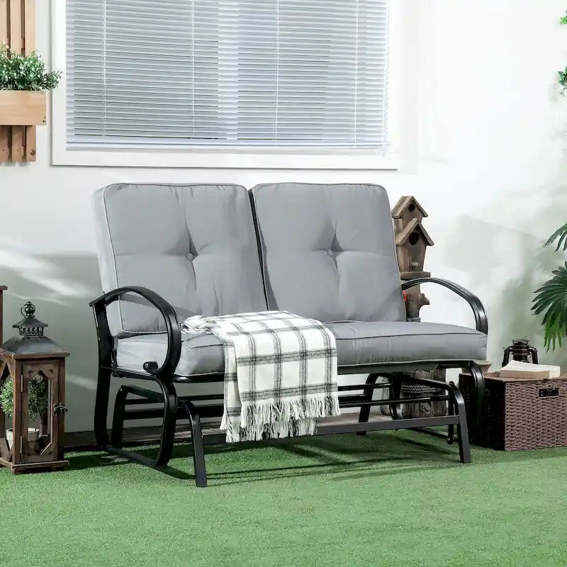 Outdoor Glider Bench, 2-Person Patio Rocker Loveseat with Tufted Cushions, Steel Frame for Porch, Garden Backyard, Gray