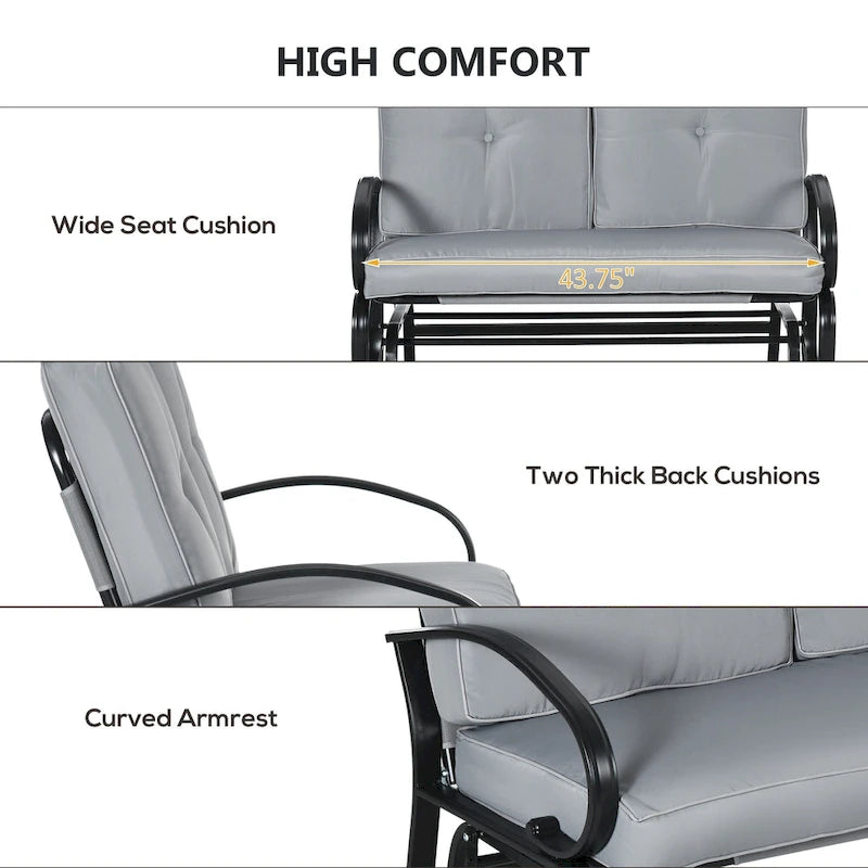 Outdoor Glider Bench, 2-Person Patio Rocker Loveseat with Tufted Cushions, Steel Frame for Porch, Garden Backyard, Gray