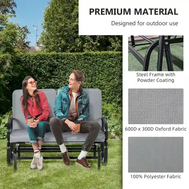 Outdoor Glider Bench, 2-Person Patio Rocker Loveseat with Tufted Cushions, Steel Frame for Porch, Garden Backyard, Gray