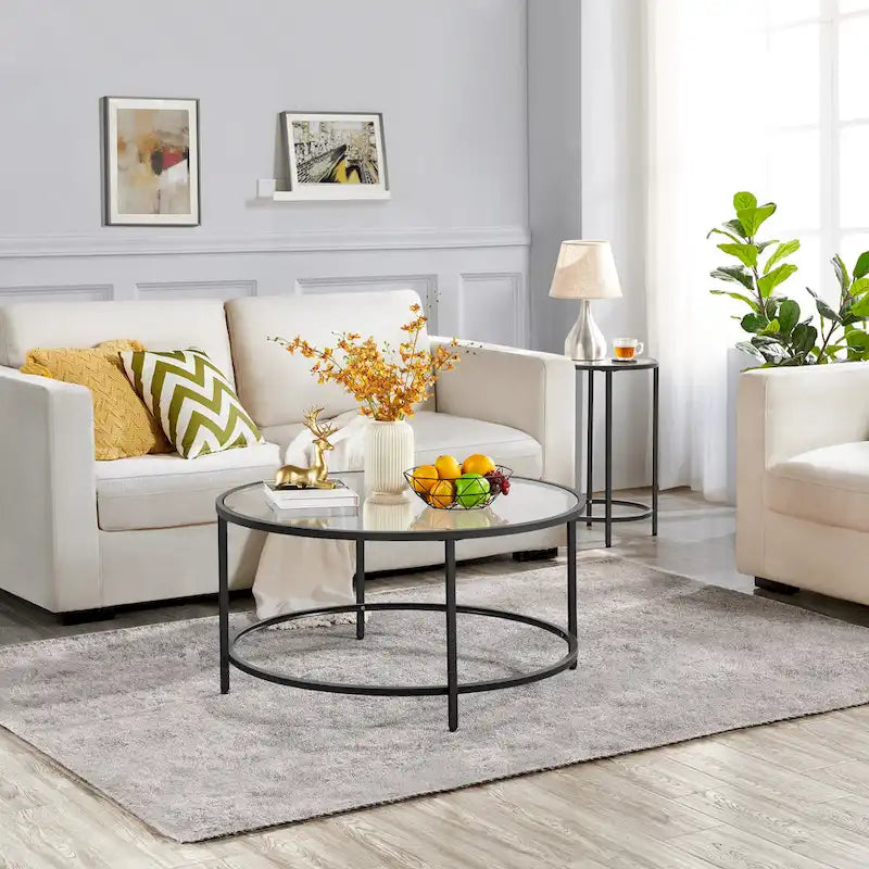 Round Coffee Table Glass-Top Sofa Table for Living Room