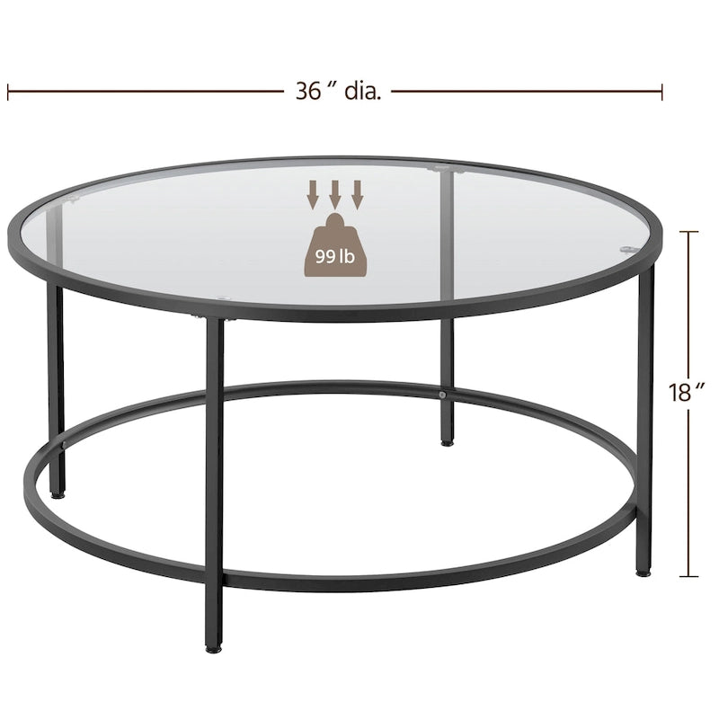 Round Coffee Table Glass-Top Sofa Table for Living Room