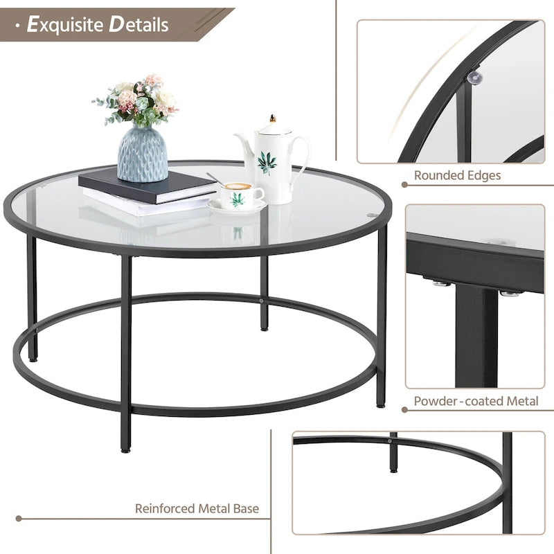 Round Coffee Table Glass-Top Sofa Table for Living Room