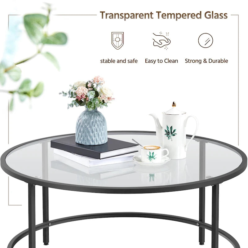 Round Coffee Table Glass-Top Sofa Table for Living Room