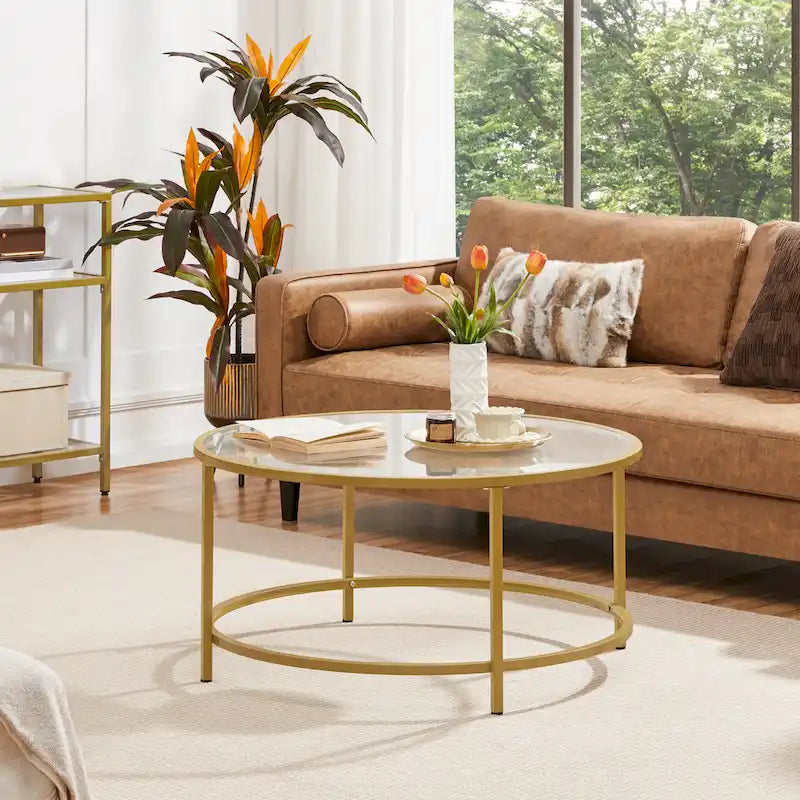 Round Coffee Table Glass-Top Sofa Table for Living Room