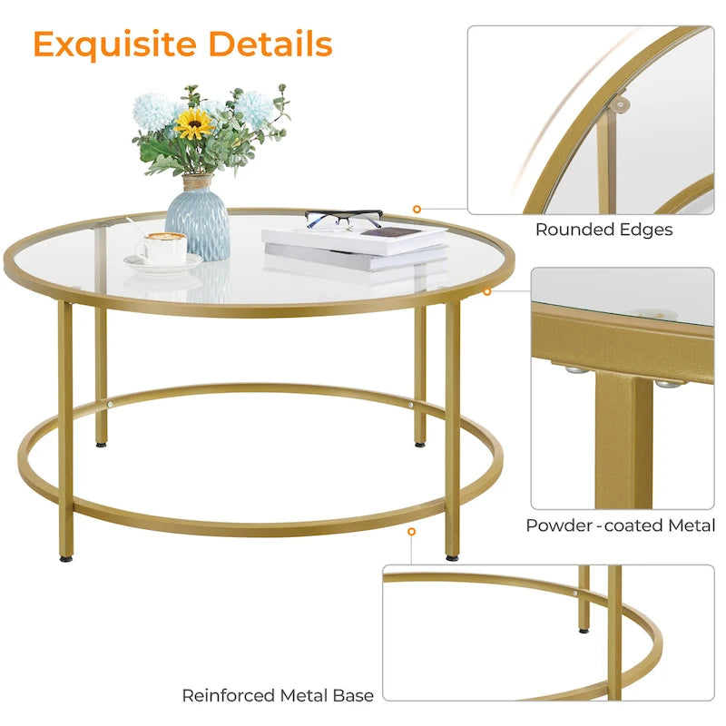 Round Coffee Table Glass-Top Sofa Table for Living Room