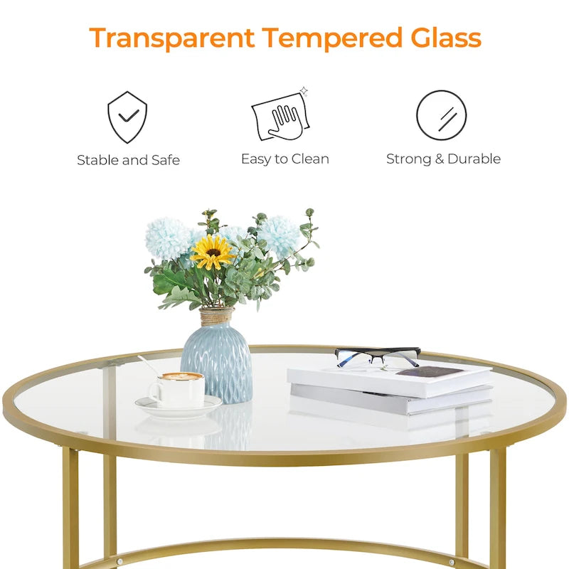 Round Coffee Table Glass-Top Sofa Table for Living Room
